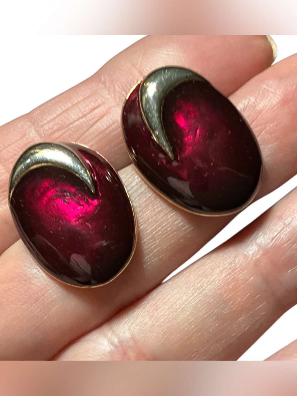 Vintage Burgundy Cabochon Gold Tone Statement Earrings 80s 90s Glam